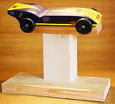 pinewood derby car on stand picture