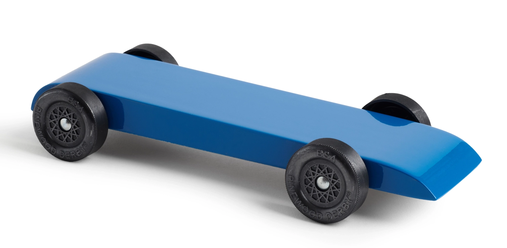 Blue fully built pinewood derby car ready to race