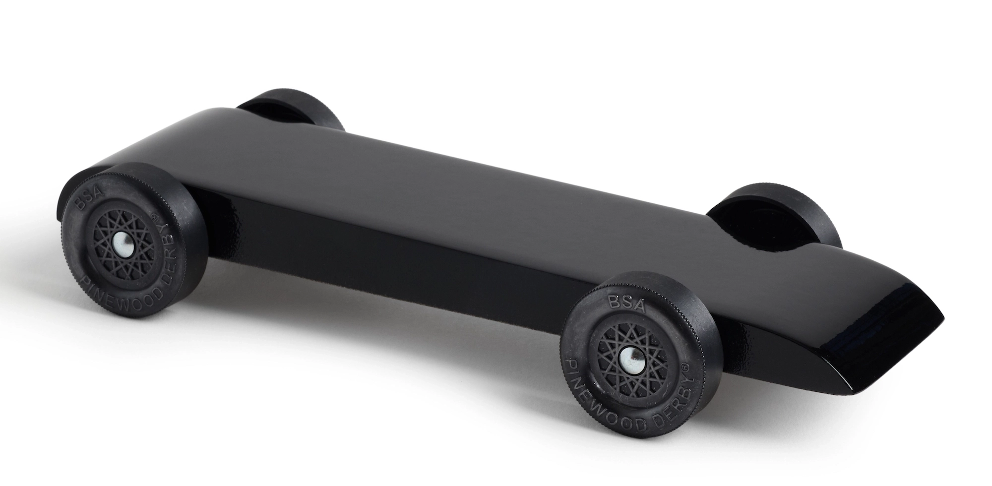 Fully built black pinewood derby car ready to race