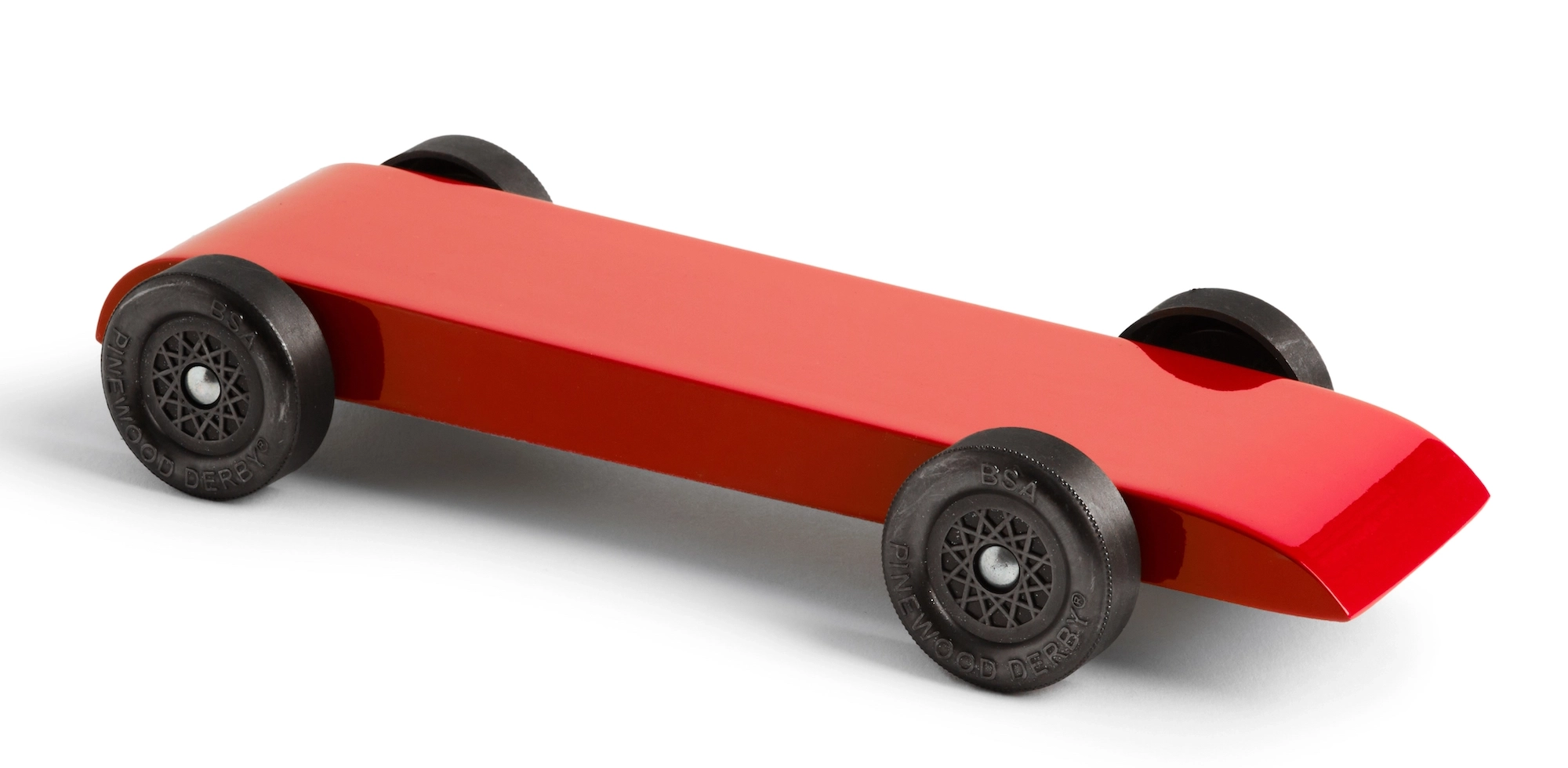 Red fully built pinewood derby car ready to race