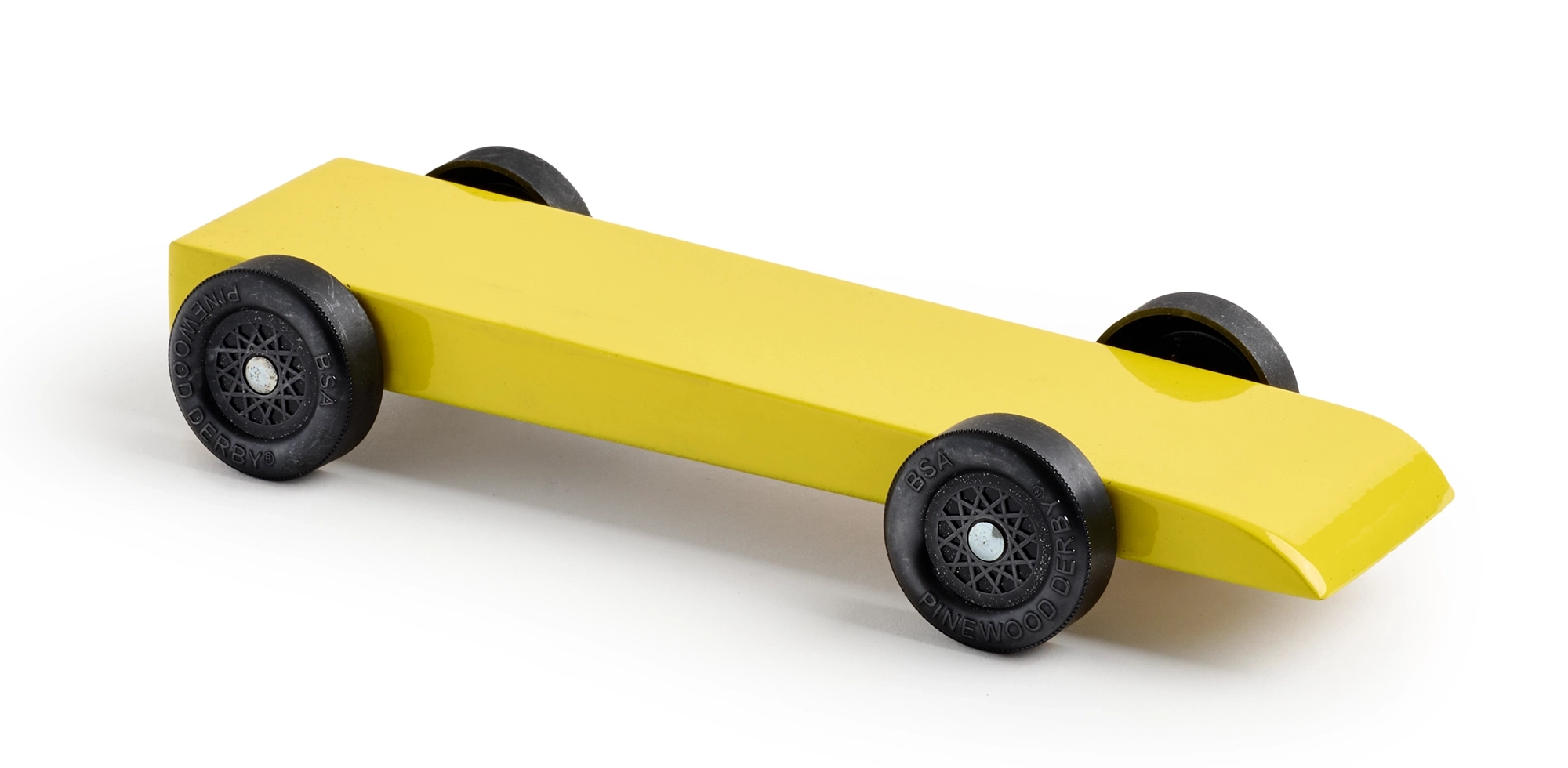 fully built yellow pinewood derby car