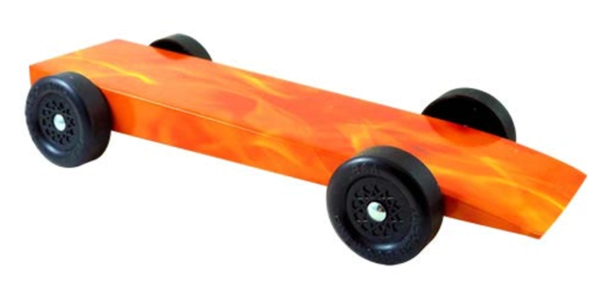 fully built pinewood derby car with hot flames body skin