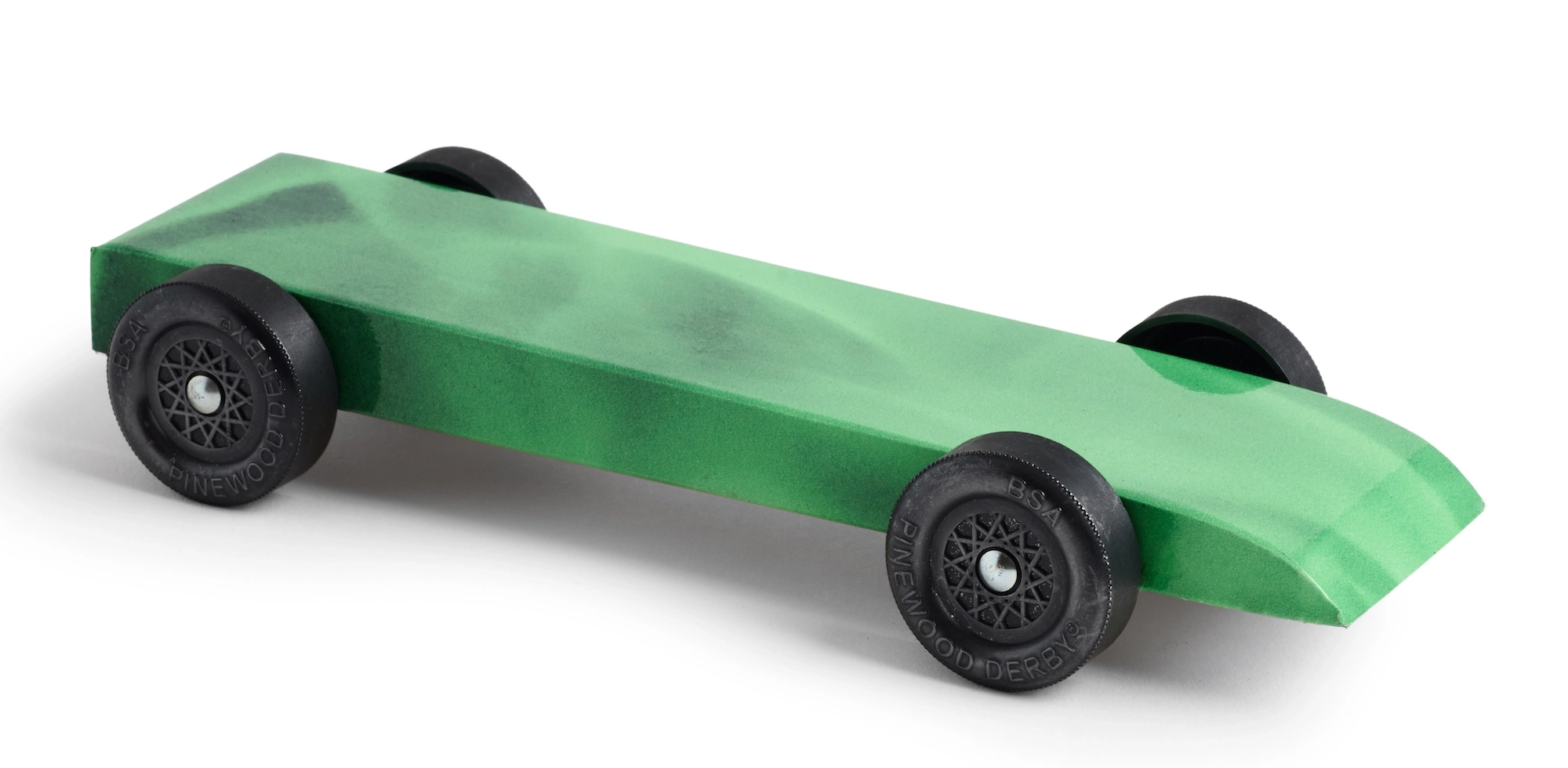 fully built pinewood derby car with green flames body skin