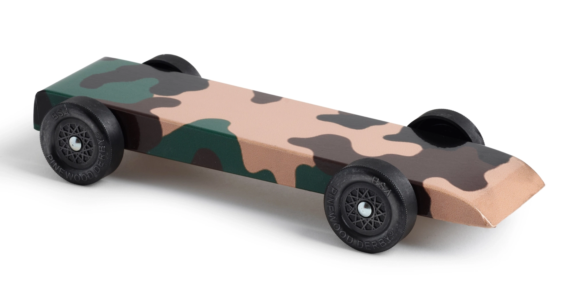 fully built pinewood derby car with camoflauge body skin