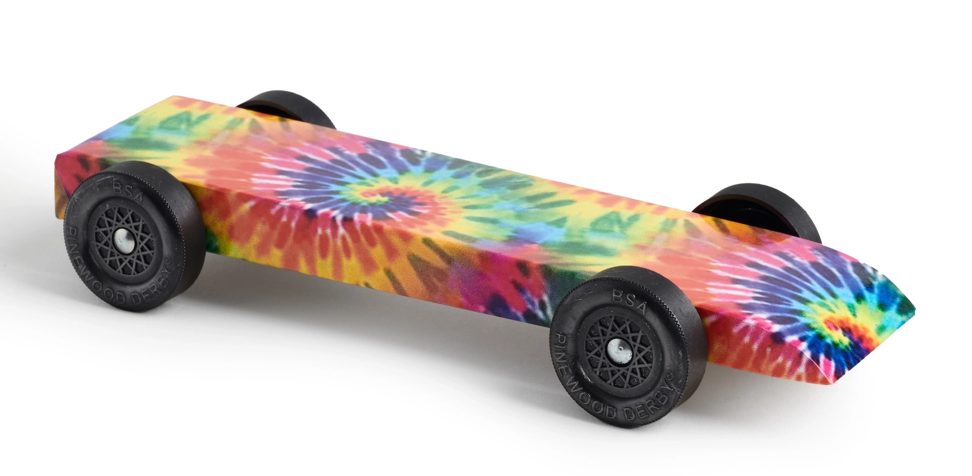 fully built pinewood derby car with tie-dye body skin